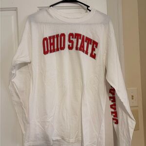 Russell Athletic White Long Sleeve Ohio State Tee with Red Lettering